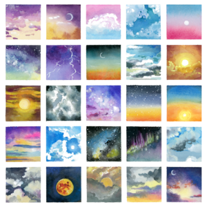 5-Minute Gouache Skies - 2020 - 9"x9" - Gouache on Watercolor Paper